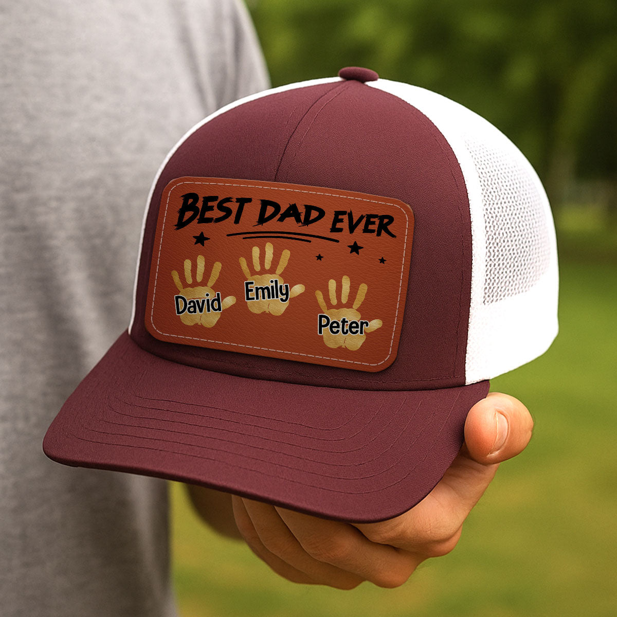 Best Dad Ever Handprints Personalized Leather Patch Hat
