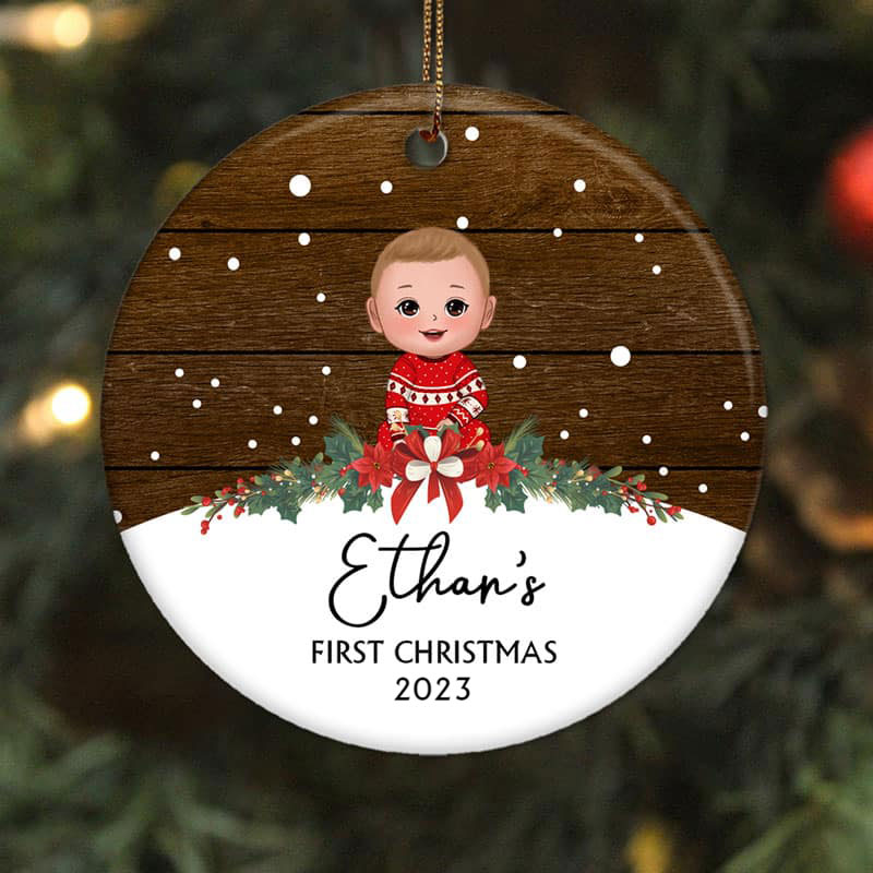 Snow Wood Baby Doll First Christmas Personalized Circle Ornament