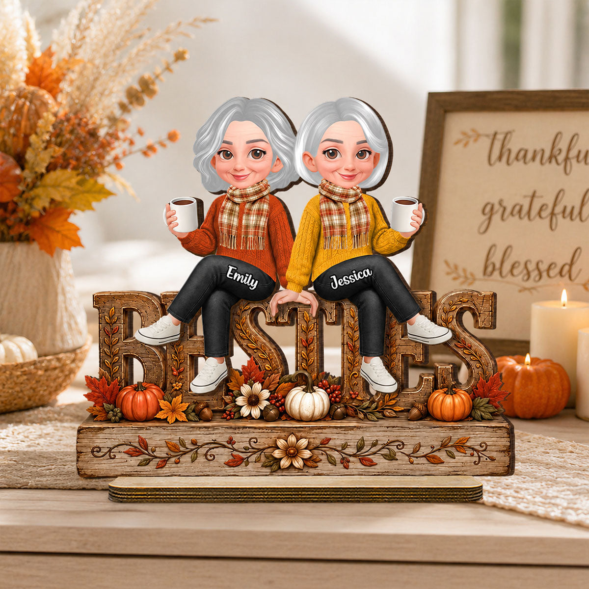 Floral Fall Season Besties Forever Friends Forever - Personalized 2-Layered Wooden Plaque - Fall Gift For Best Friends