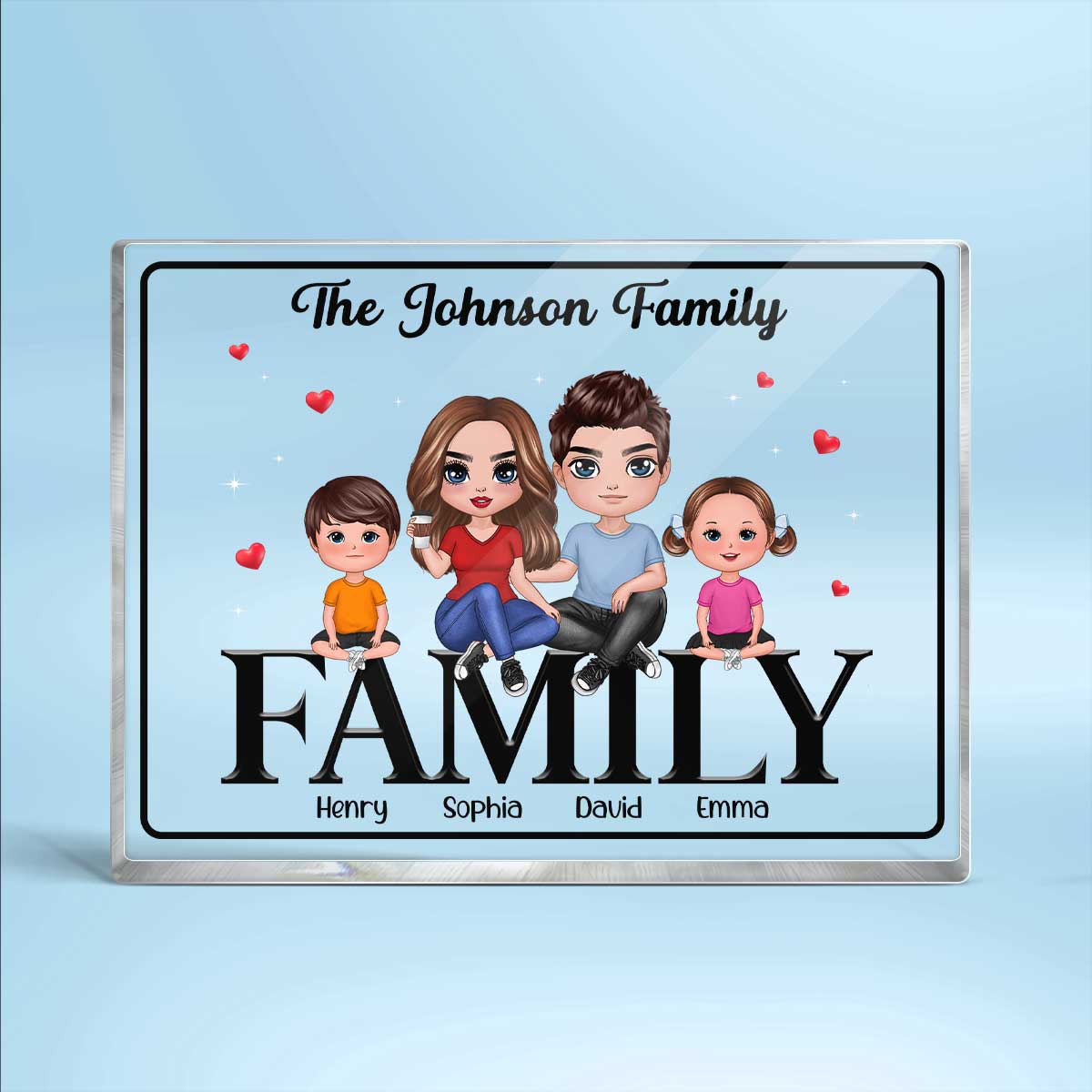 Doll Family Couple Dad Mom Kids Dogs Cats Sitting On Words Personalized Horizontal Rectangle Acrylic Block Plaque
