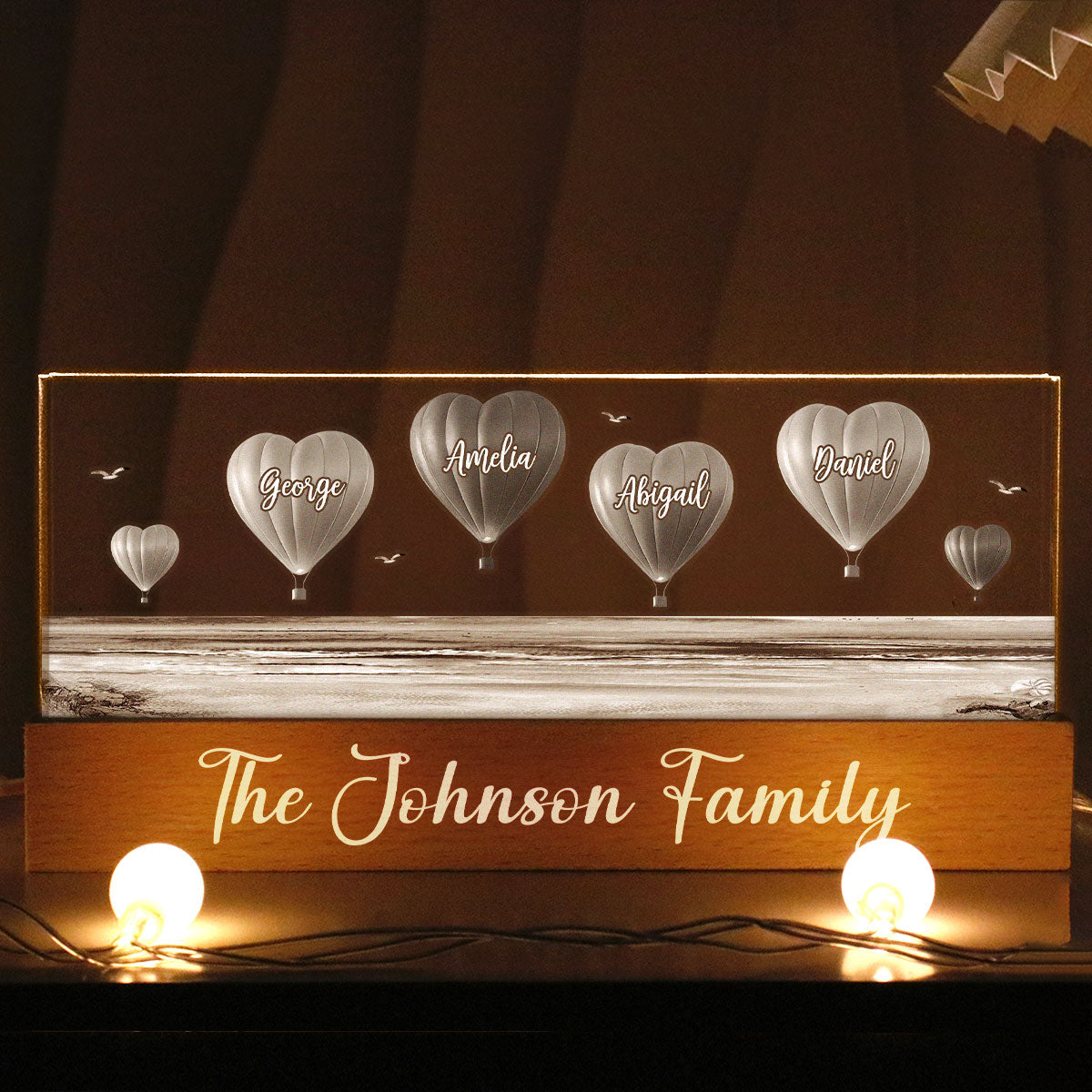 Personalized Family Heart Air Balloons At Beach Acrylic Block LED Night Light, Gift for Family, Dad, Mom, Wife, Husband