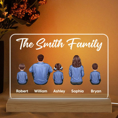 Whole Family Back View Denim Couple Dad Mom Kids Dogs Cats Sitting Personalized Custom Shape Warm LED Night Light