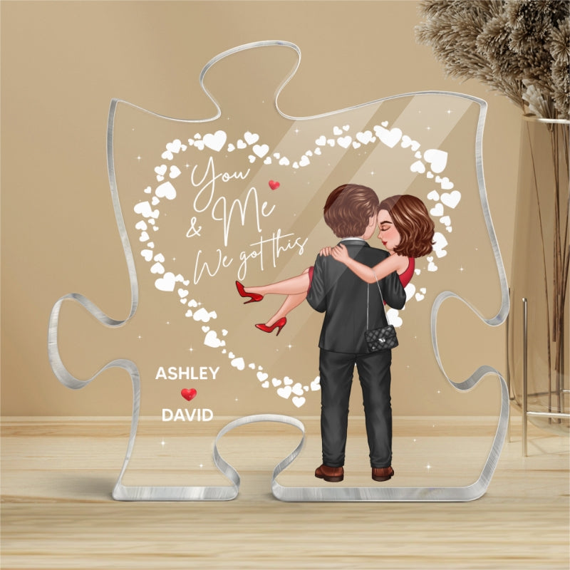 Hearts Embracing Hugging Doll Couple Personalized Acrylic Puzzle Plaque