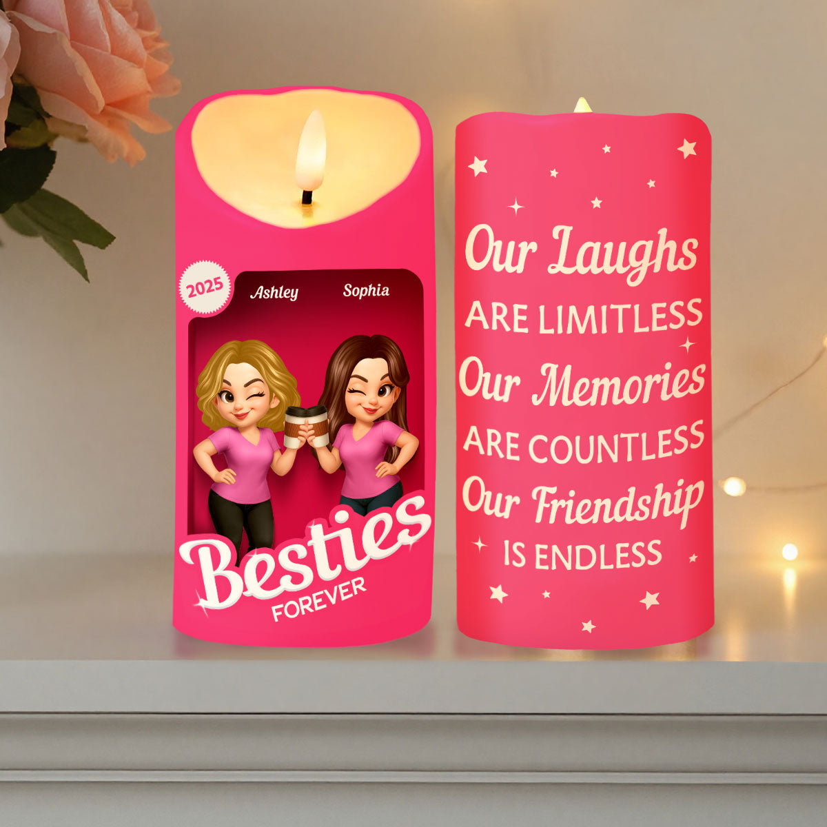 Pink Besties Our Friendship Is Endless Christmas Personalized LED Candle