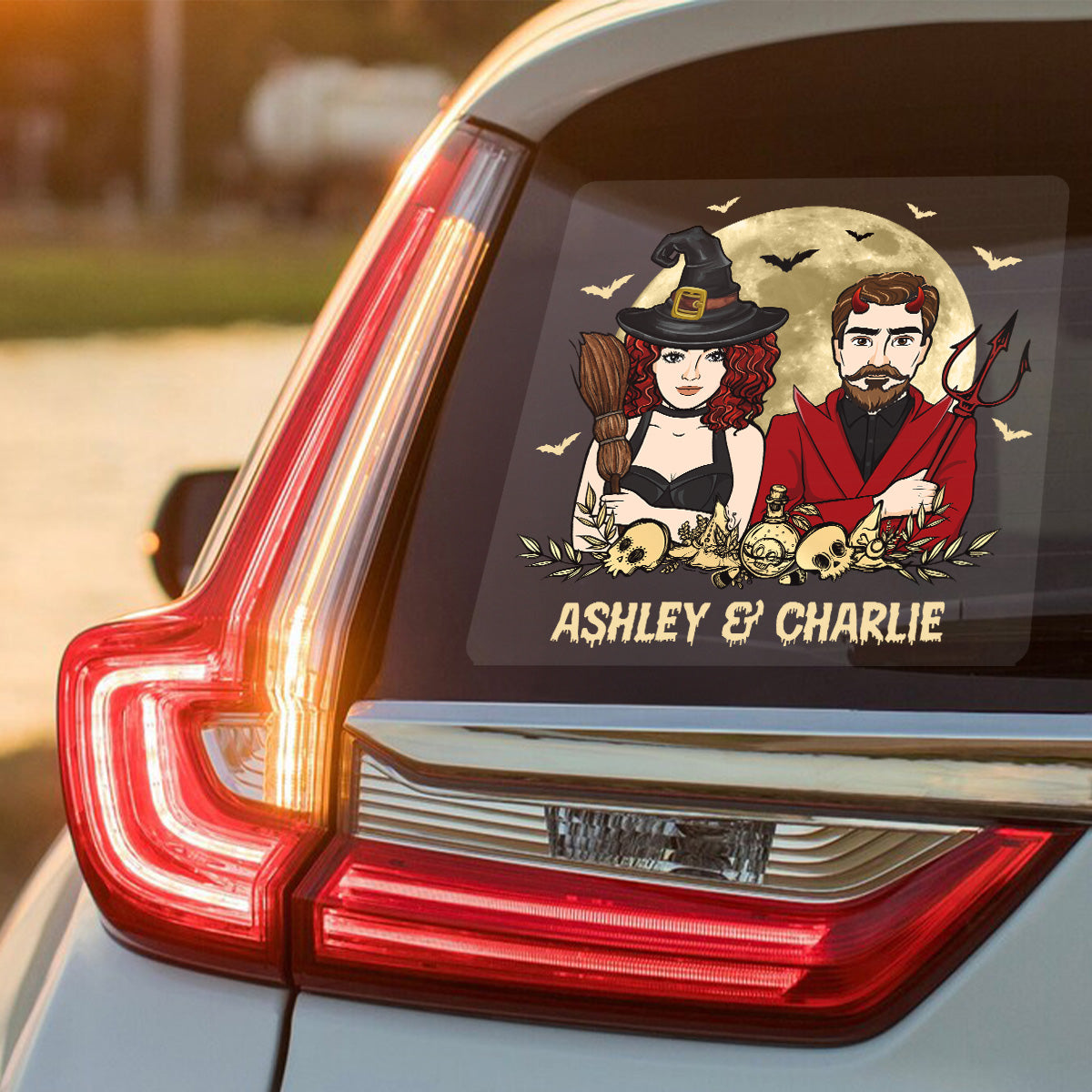 Halloween Couple Witch And Devil Personalized Decal, Halloween Decor
