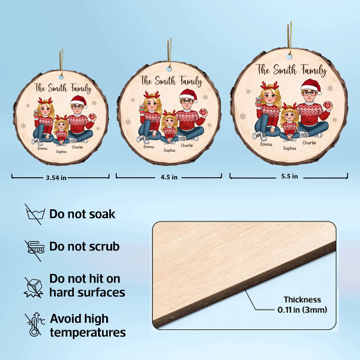 Animated Family Wood Slice Christmas Personalized Wooden Ornament