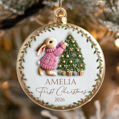 Baby's First Christmas Cute Pink Blue Bunny Rabbit For Baby Boy Girl Personalized Acrylic Ornament, New Parents Keepsake, Gift For Newborn