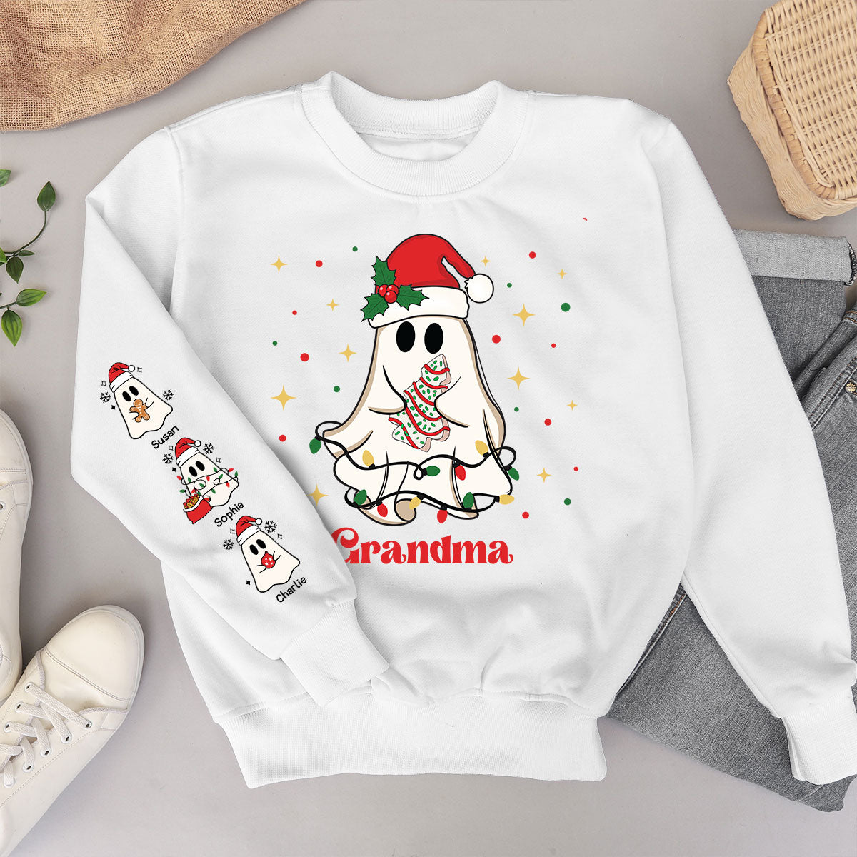 Christmas Cute Boo Grandma Grandkids Personalized Sleeve Printed Sweatshirt