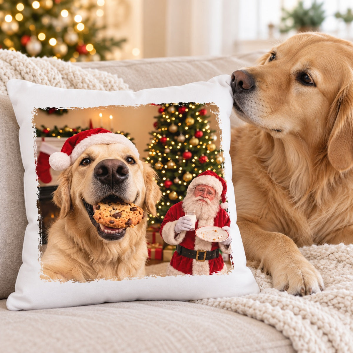 Dog Cat Steal Cookie From Santa Upload Pet Photo - Personalized Pillow- Funny Christmas Gift For Dog Lovers, Cat Lovers, Pet Lovers
