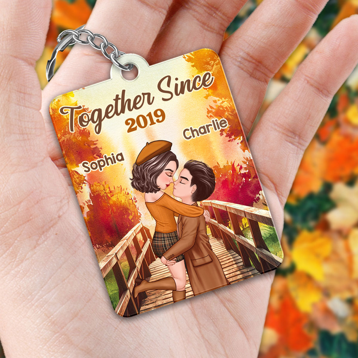 Fall Season Couple Kissing On Bridge Favorite Song QR Code Personalized Acrylic Keychain