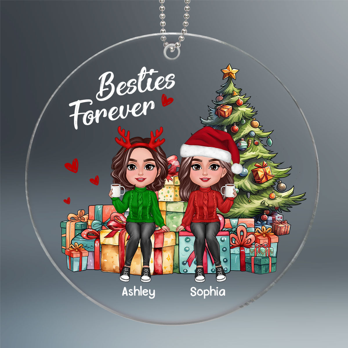 Besties Sisters Friends Sitting On Christmas Gifts Personalized Acrylic Ornament