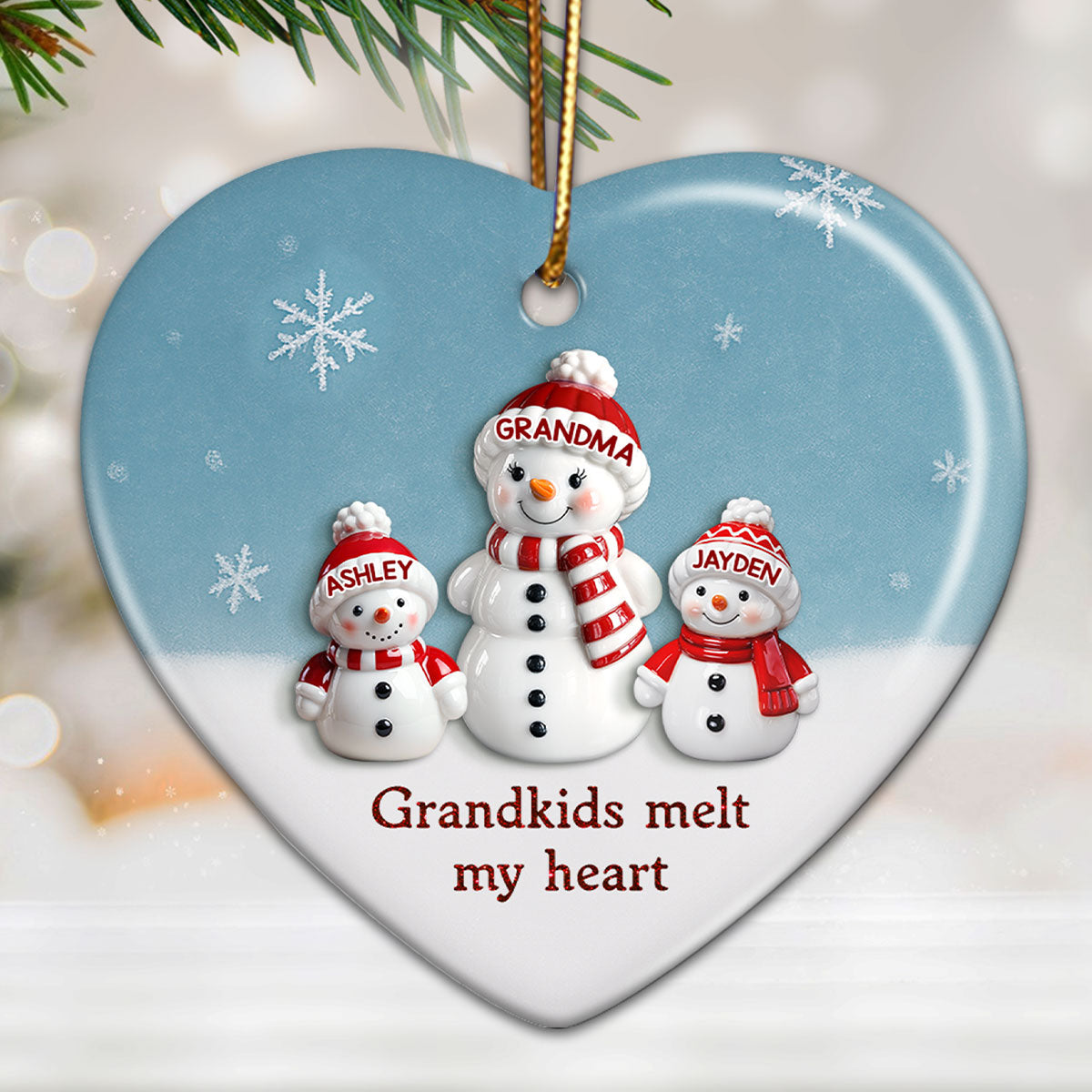 3D Effect Snowman Grandma & Grandkids - Personalized Ceramic Ornament - Christmas Gift For Grandchildren, Grandma