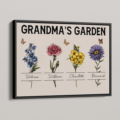 Gift For Grandma Grandma‘s Garden Beautiful Vintage Birth Month Flower With Names Personalized Horizontal Poster