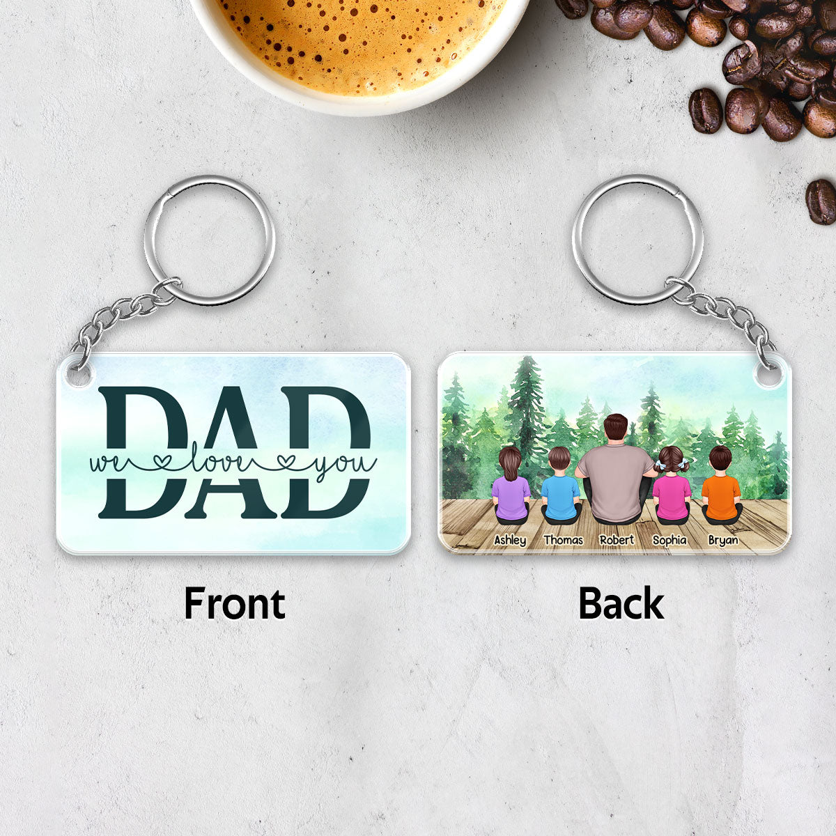 Dad And Kids Back View Sitting Forest Personalized Acrylic Keychain