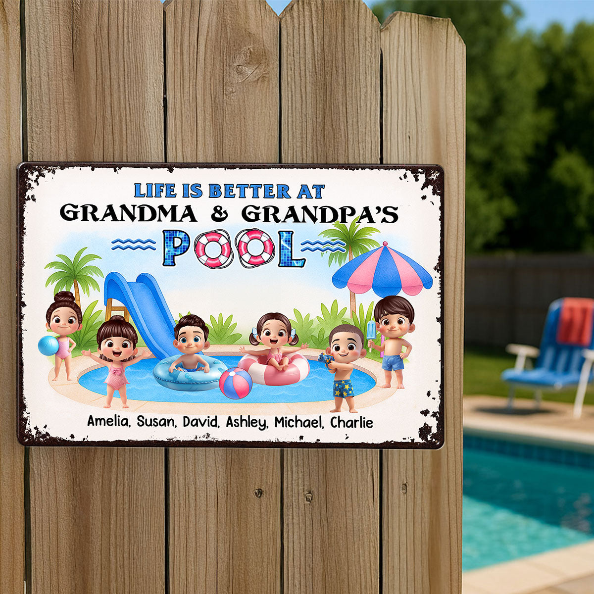 Welcome to Grandma & Grandpa's Pool, Memories are Made Here Personalized Metal Sign, Grandkids Welcome Sign