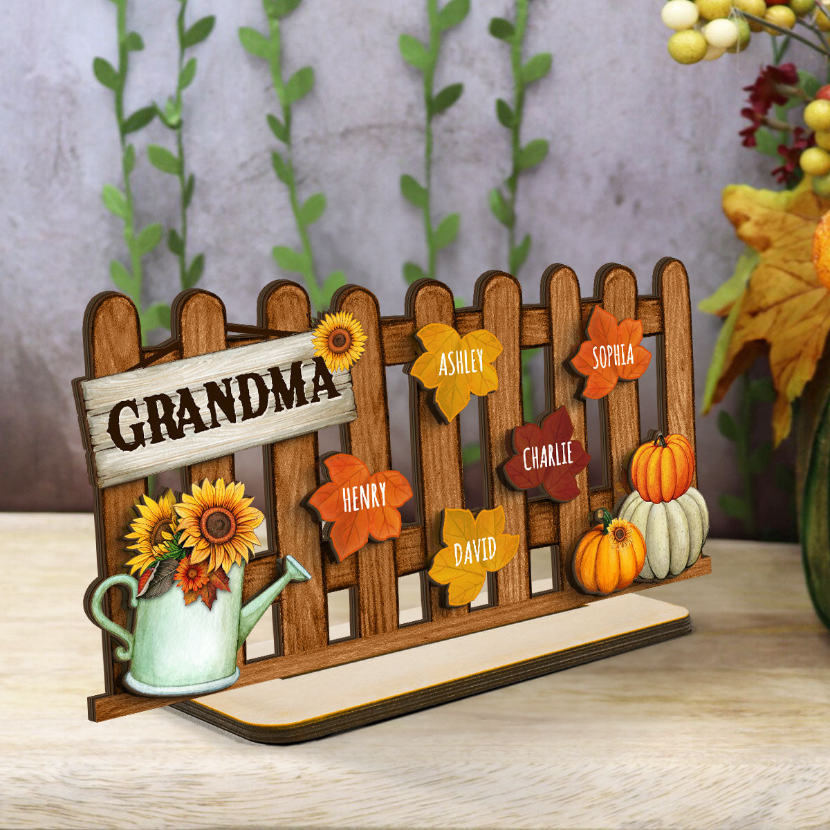 Grandma Mom Fall Leaves On Fence Personalized 2-Layer Standing Wooden Plaque, Fall Season Decor