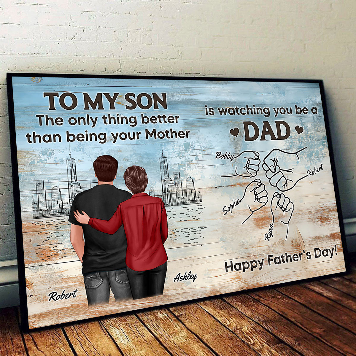 Watching You Be A Dad From Mom Dad To Son Wooden Texture Personalized Poster, Gift For Son