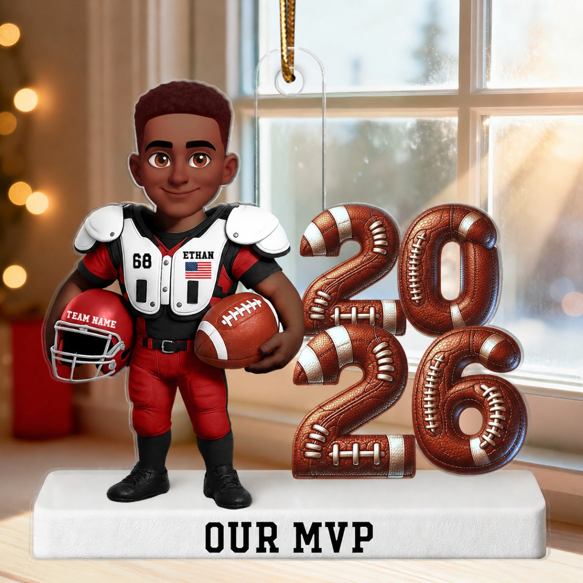 Proud American Football Player Standing By Year 3D Effect - Personalized Acrylic Ornament