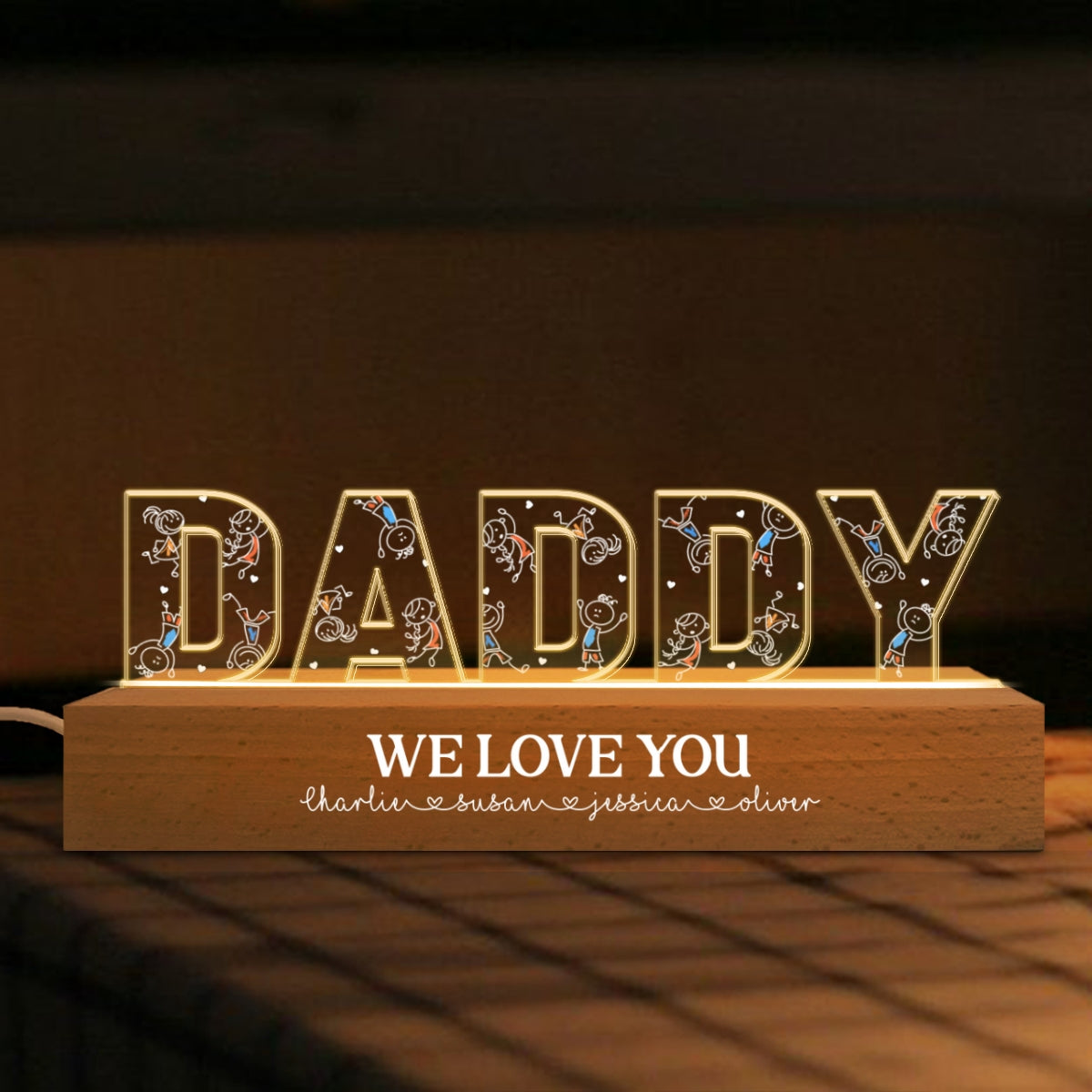 Daddy Drawing Cute Kids Personalized LED Night Light, Gift For Dad