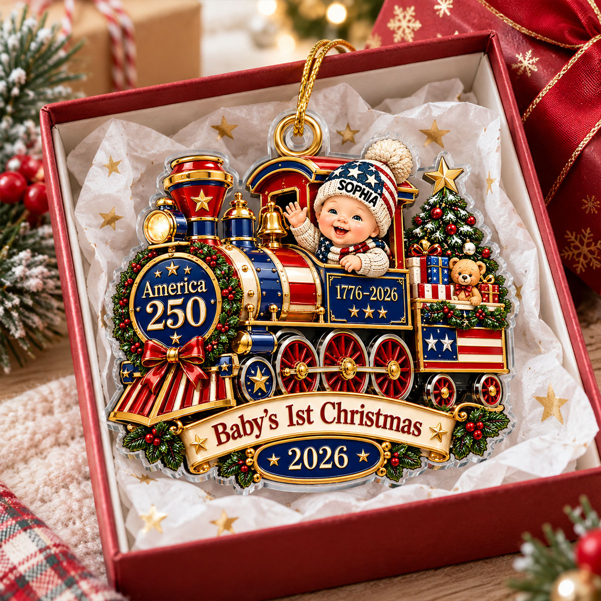 Baby On Train Baby's First Christmas 2D Flat - Personalized Acrylic Ornament - 250th America 1776 - 2026 Anniversary, Patriotic Christmas Decor, Gifts for New Parents