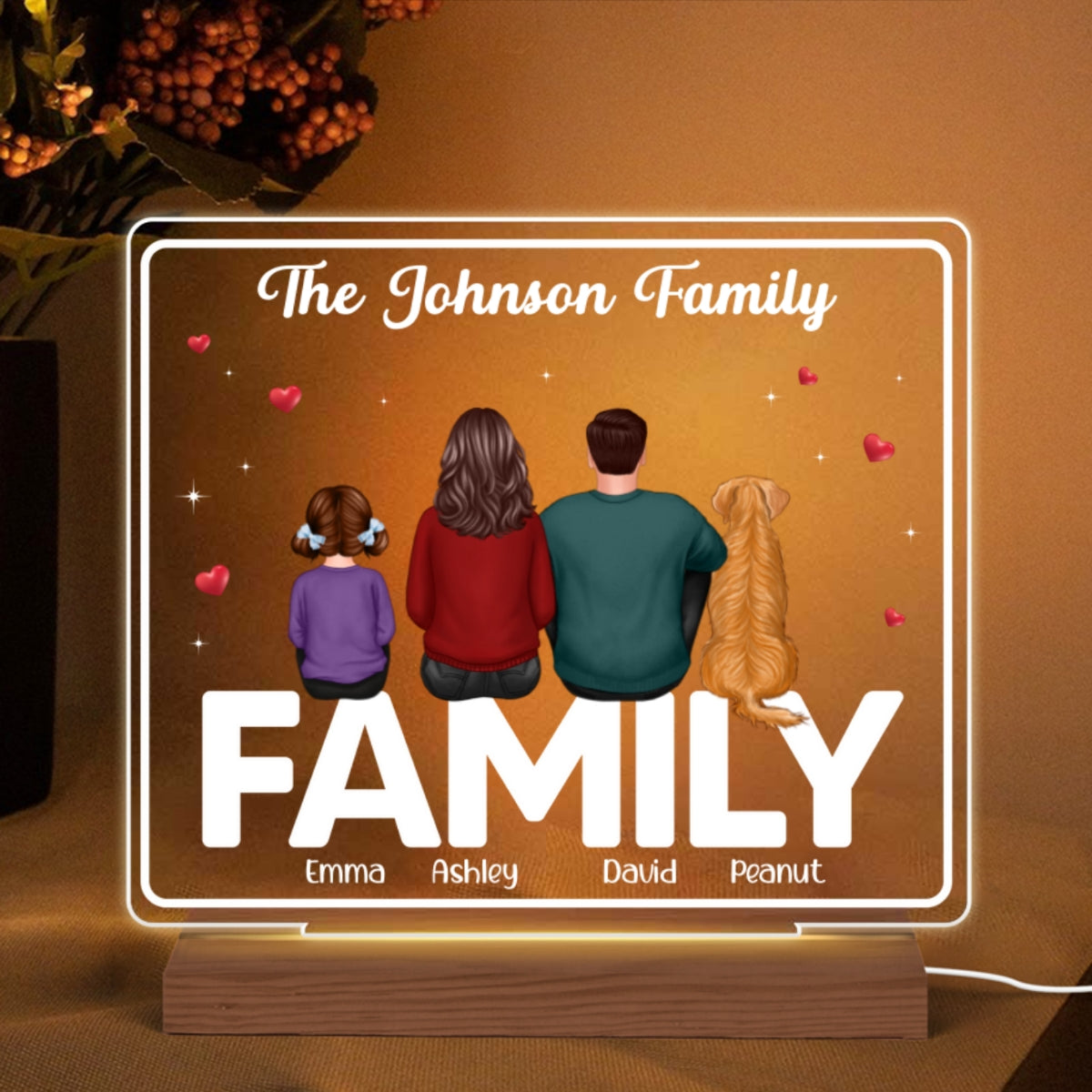 Whole Family Back View Couple Dad Mom Kids Dogs Cats Sitting On Words Personalized Custom Shape Acrylic Plaque LED Night Light