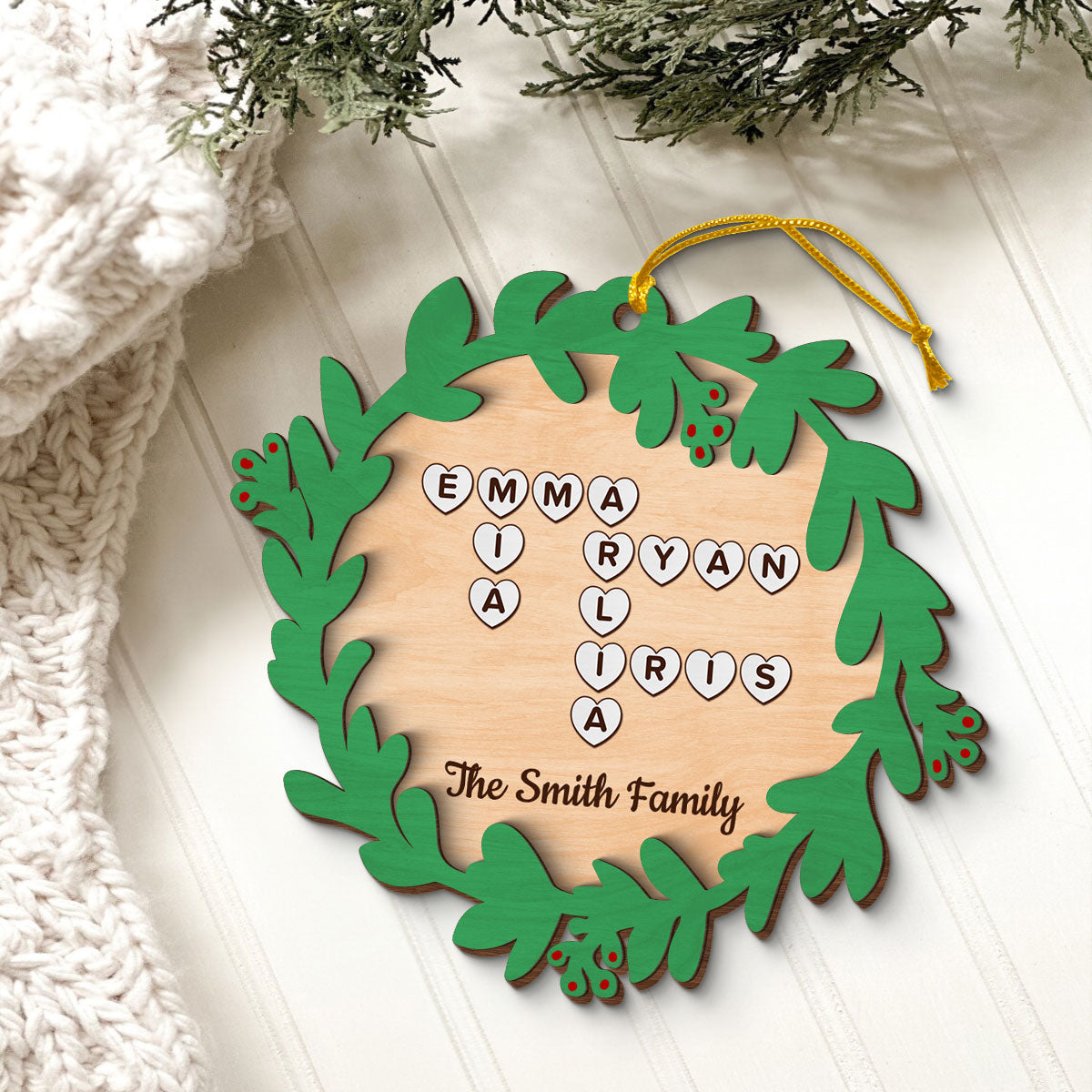 Family Names Crossword Puzzle Art Wreath Shaped Personalized 2-Layer Wooden Ornament