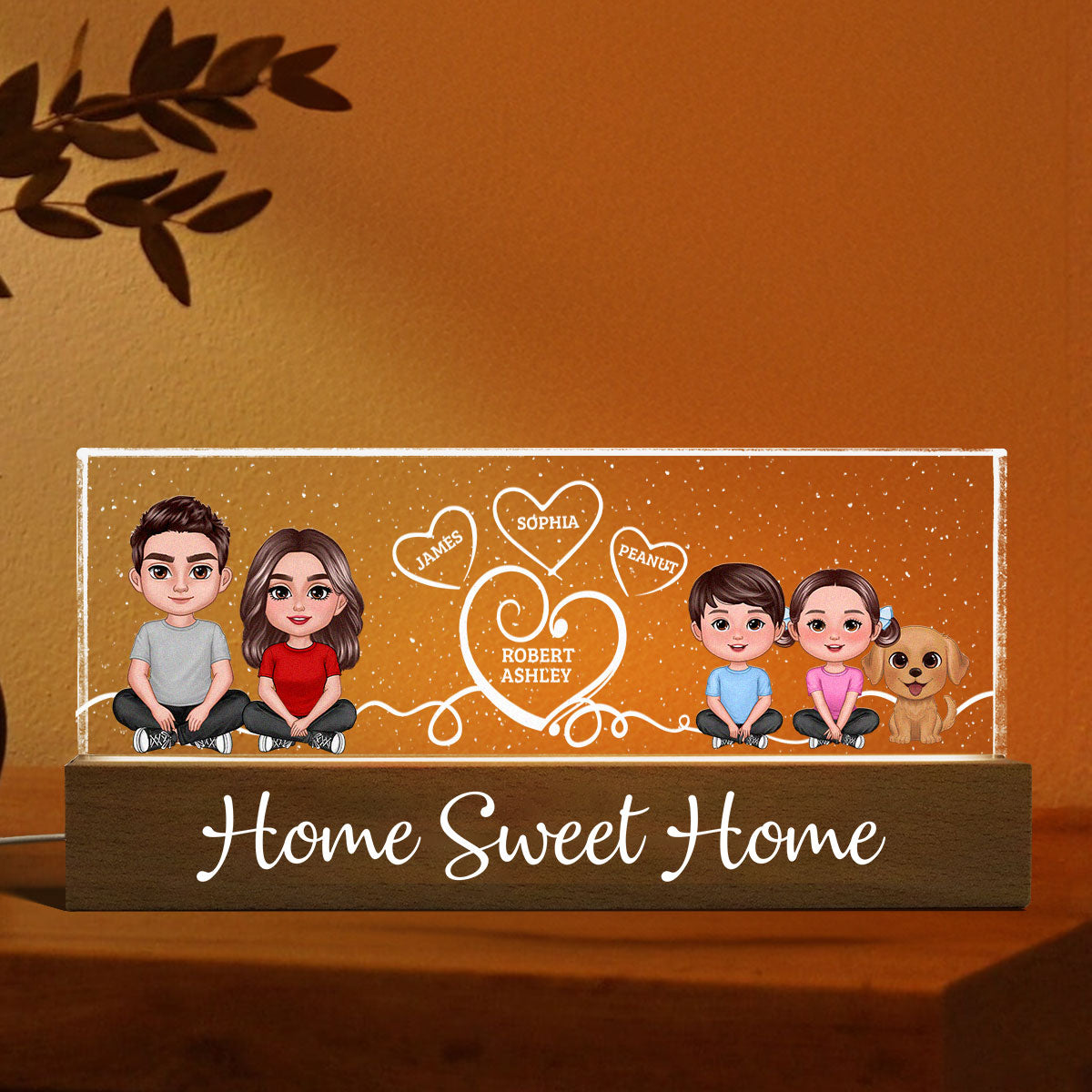 Home Sweet Home Cute Family Sitting Crossed Legs Personalized Acrylic Block LED Night Light,  Gift For Her, Gift For Him