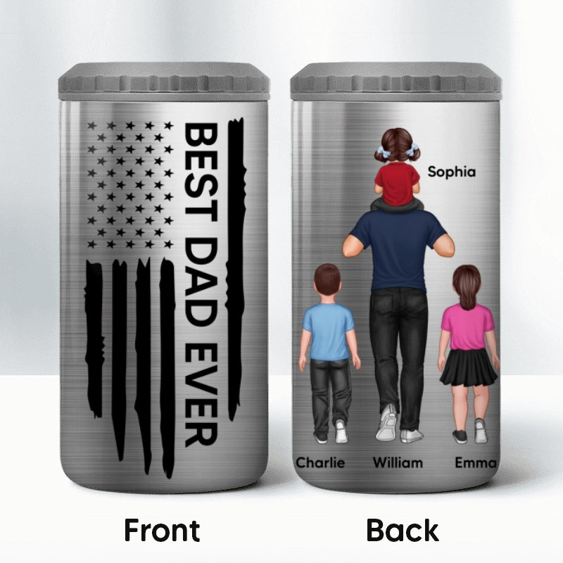 Best Dad Ever Piggy Back Man & Kids Nation Flag Father‘s Day Gift For Husband Father Figures Personalized 4 In 1 Can Cooler