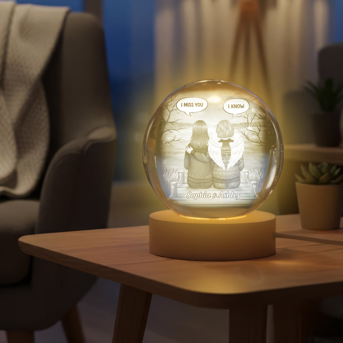 I Miss You Back View Memorial - Personalized Crystal Ball LED Night Light - Memorial Sympathy Gift