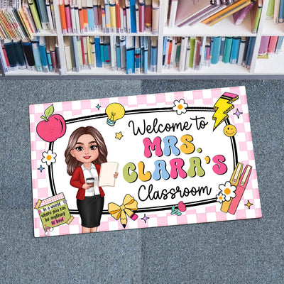 Teacher Checkered Pattern Welcome To Classroom Personalized Doormat| Back To School Gift, Classroom Decoration