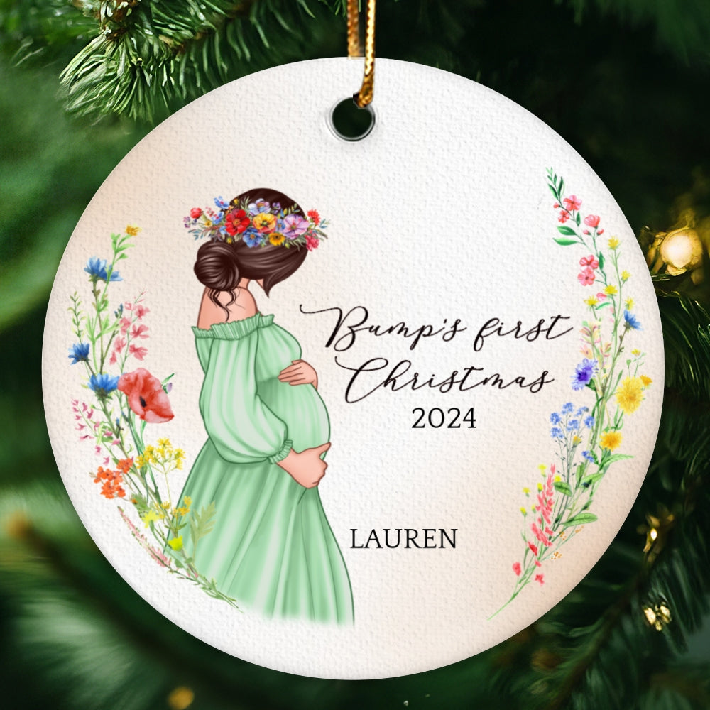Pregnant Mom Watercolor Wildflowers, Baby Bump's First Christmas, Pregnancy Announcement Personalized Circle Ceramic Ornament