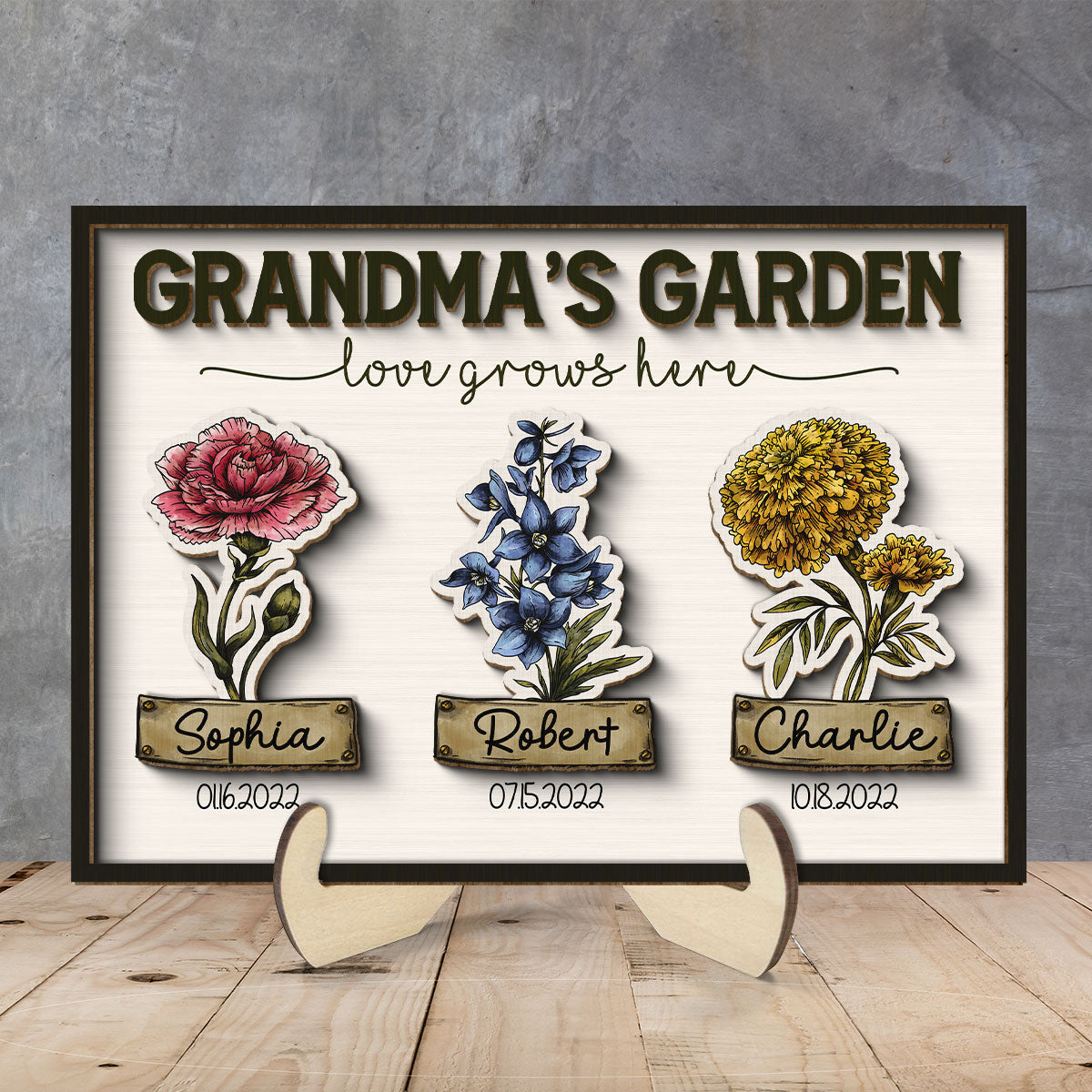 Grandma Garden Love Grows Here Grandkids Birth Flower Name and Birthday Personalized 2-Layer Wooden Plaque