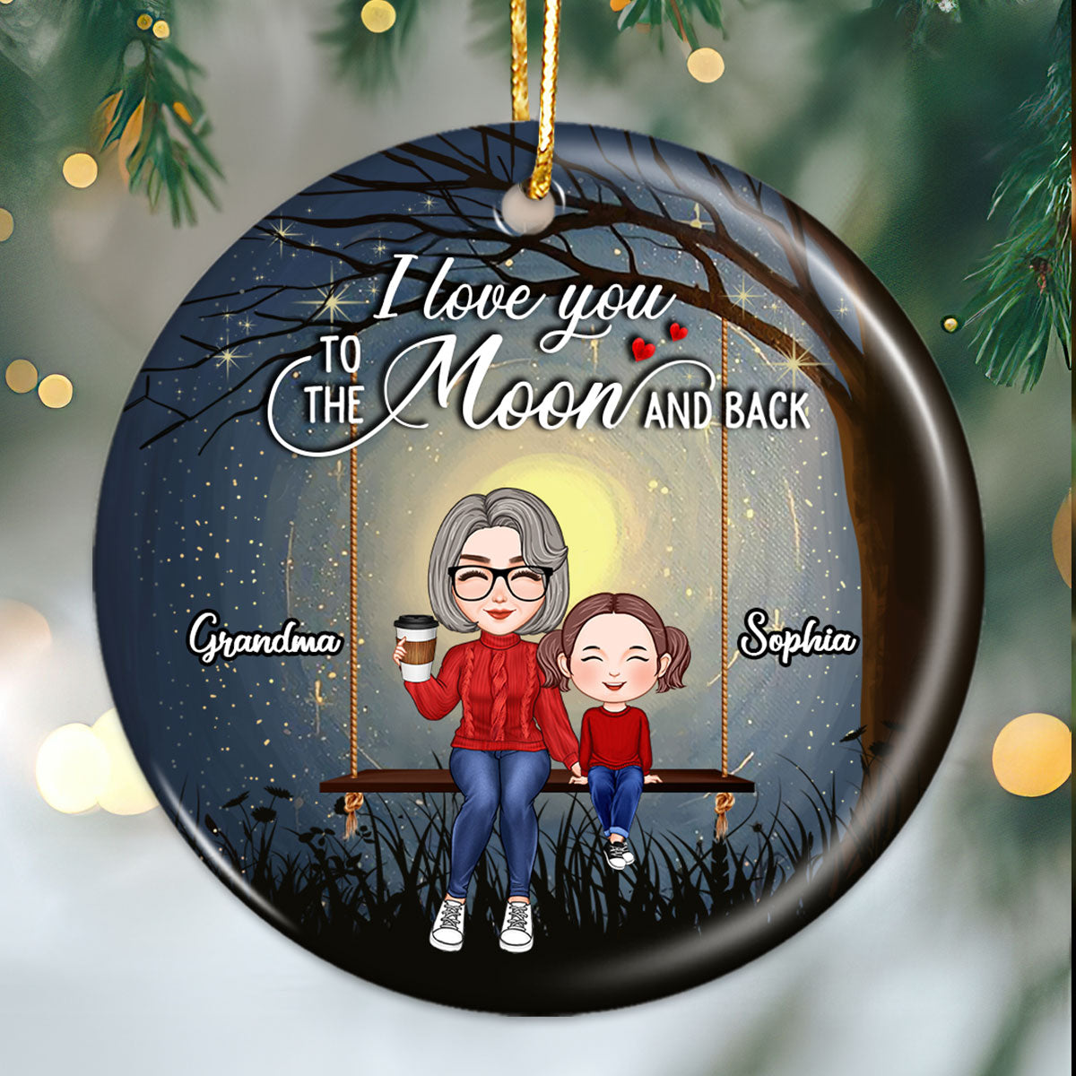 Cute Grandma Grandkid On Swing Love To The Moon Gift For Granddaughter Grandson Personalized Circle Ornament