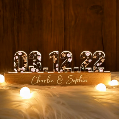 Couple Engagement Wedding Anniversary Special Date Custom Flower Printed LED Night Light, Unique Valentine's Day Gift For Him, Gift For Her