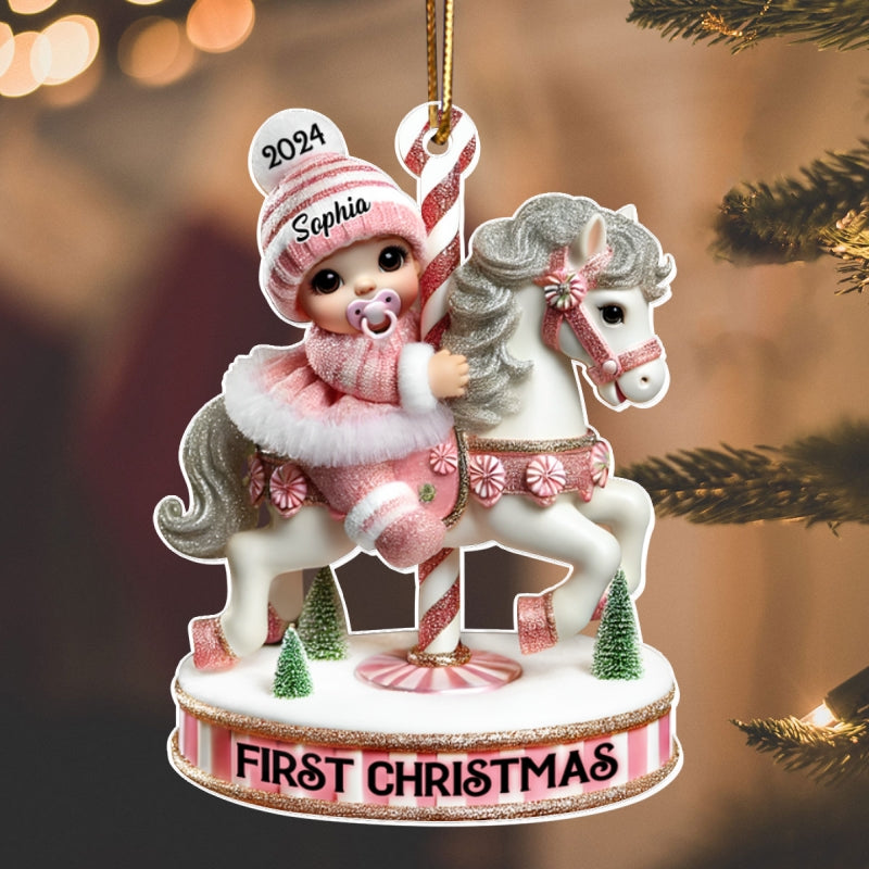 Baby's First Christmas Cute Baby On Carousel Horse Personalized Acrylic Ornament, New Parents Keepsake, Gift For Newborn