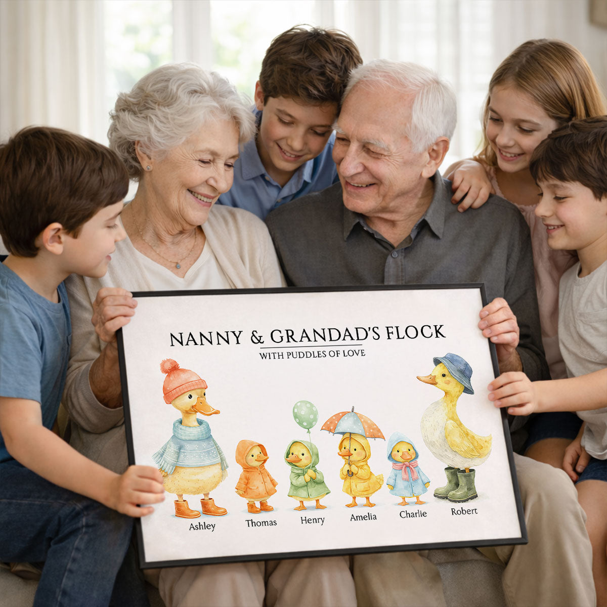 Grandparents Grandma Grandad's Flock with Puddles of Love - Personalised Poster - Gift for Grandma