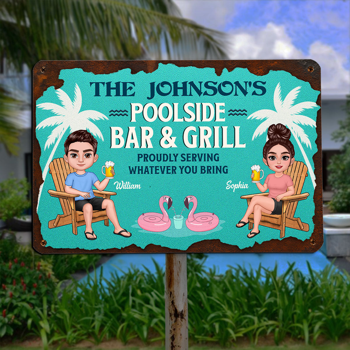 Summer Family Couple Poolside Bar & Grill Teal Color Personalized Metal Sign