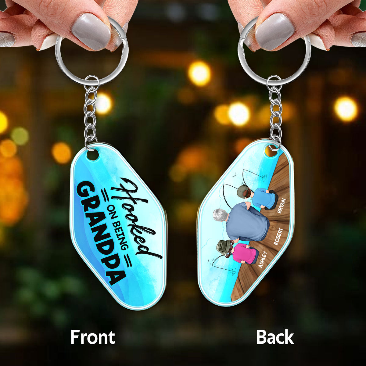 Hooked On Being Grandpa Back View Man & Kids Personalized Acrylic Keychain