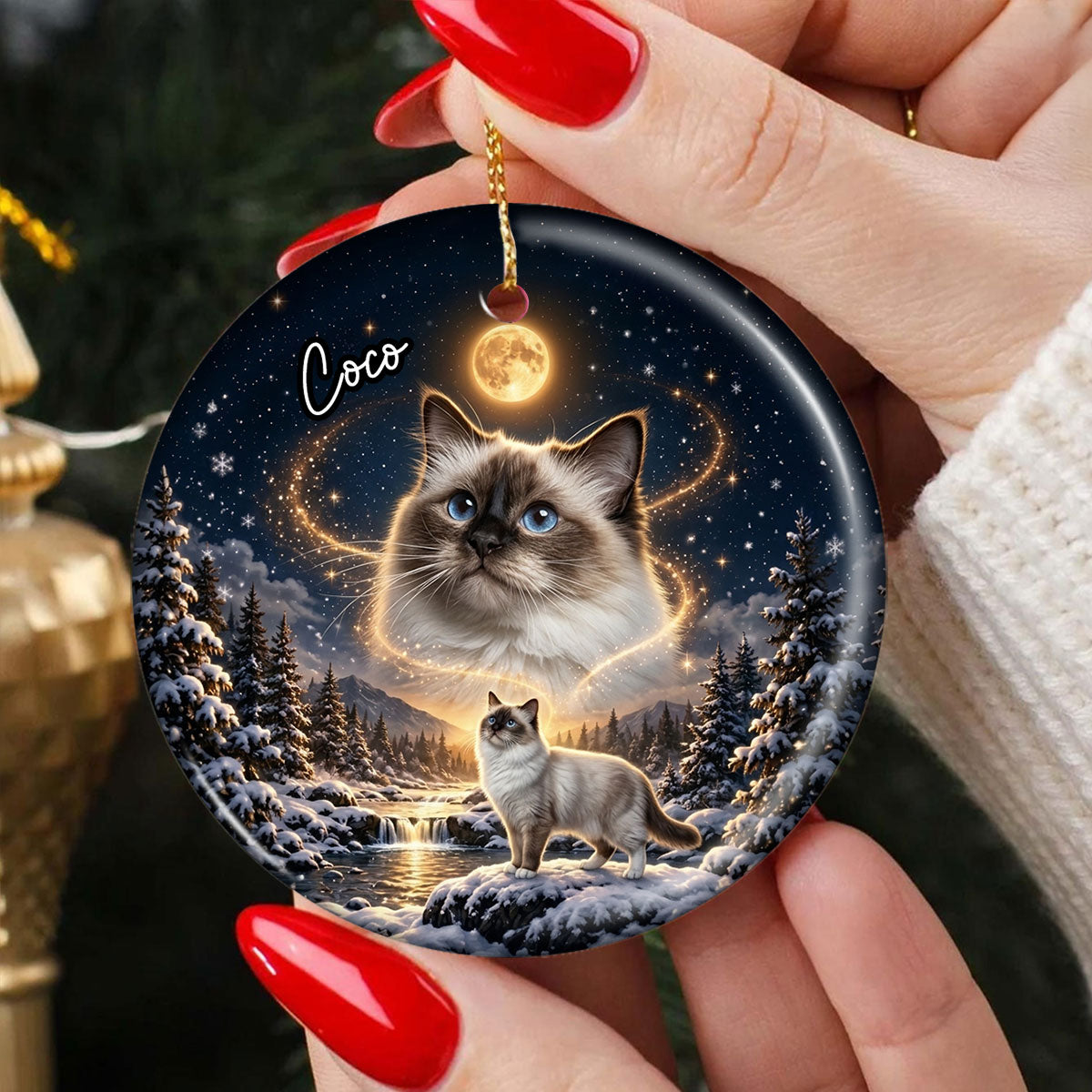Christmas Dog Cat Howling to the Moon - Personalized Ceramic Ornament - Gift for Dog, Cat Lovers, Pet Memorial Gift