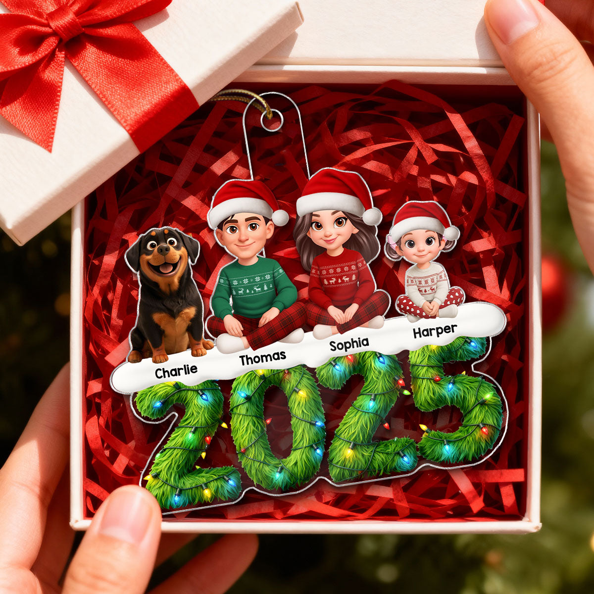 3D Effect Festive Christmas Green Pattern Beautiful Family Together - Personalized Acrylic Ornament