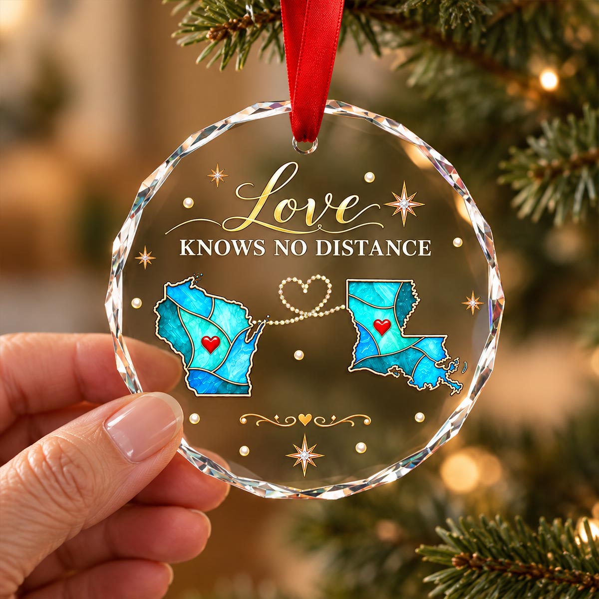 Love Knows No Distance Custom Blue State Maps - Personalized Glass Ornament - Christmas Long Distance Gift For Family, Friends