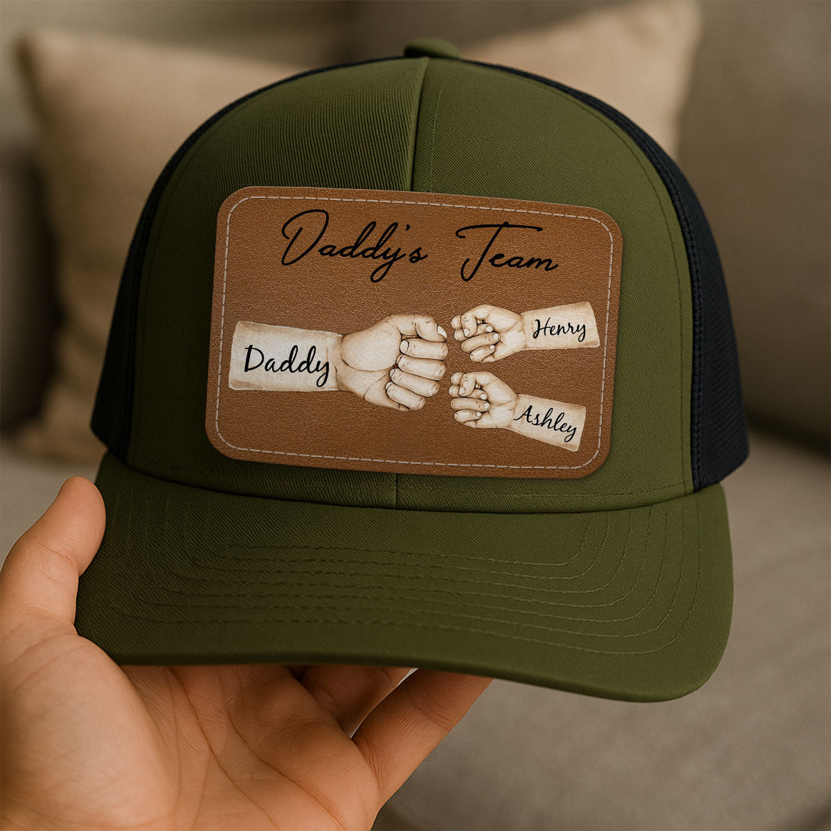 Daddy's Team Fist Bump Personalized Leather Patch Hat, Trucker Cap| Cool Father's Day Gift For Dad, Husband