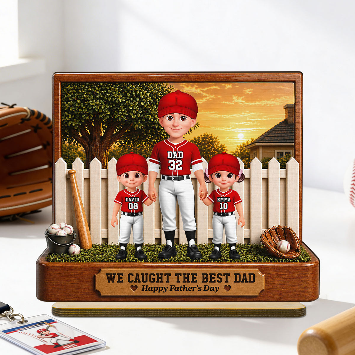 Baseball Dad And Kids Backyard We Caught The Best Dad - Personalized 2-Layered Wooden Plaque - Father's Day Gift For Dad