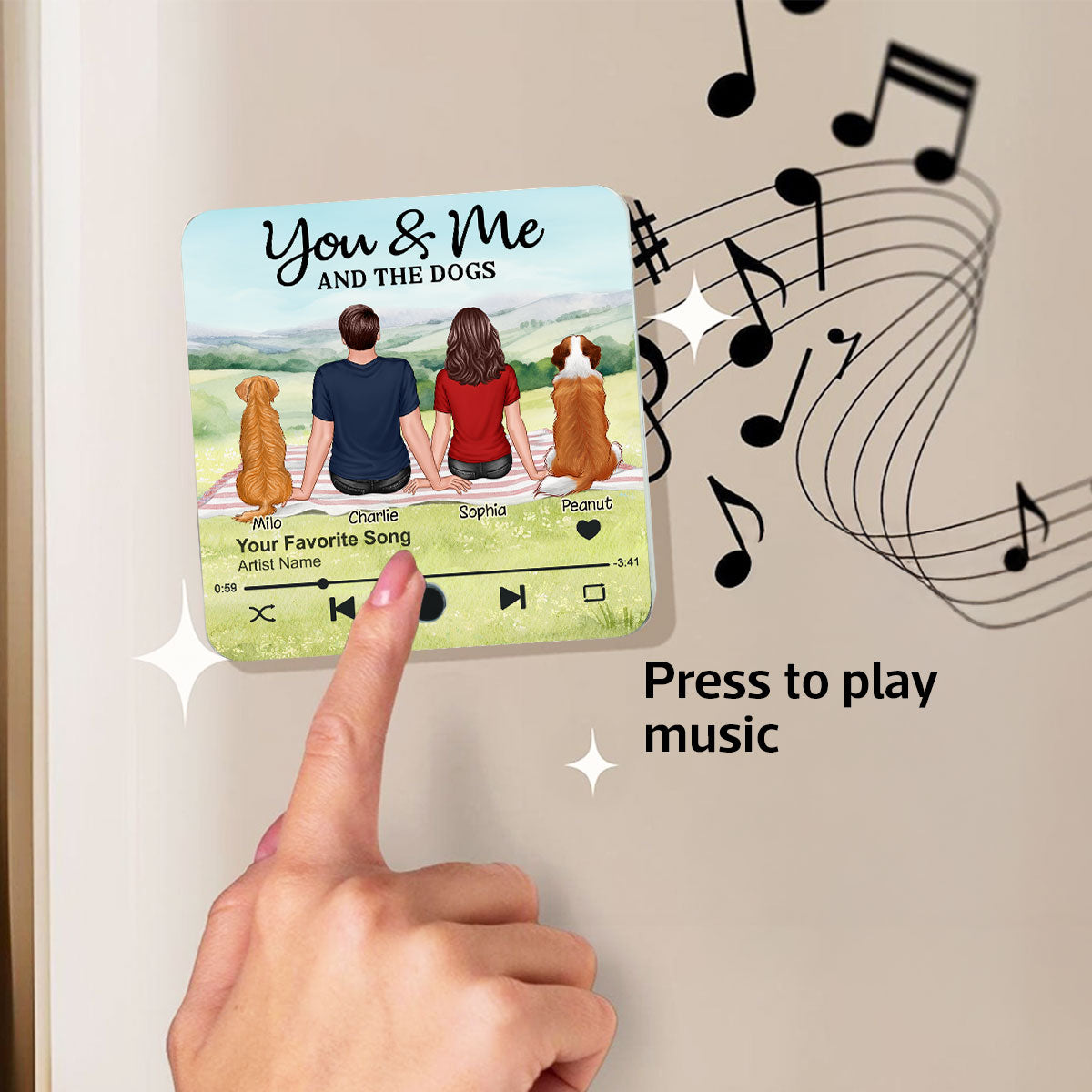 Couple & Dog Picnic In Park Personalized Music Fridge Magnet, Gift For Him, For Her