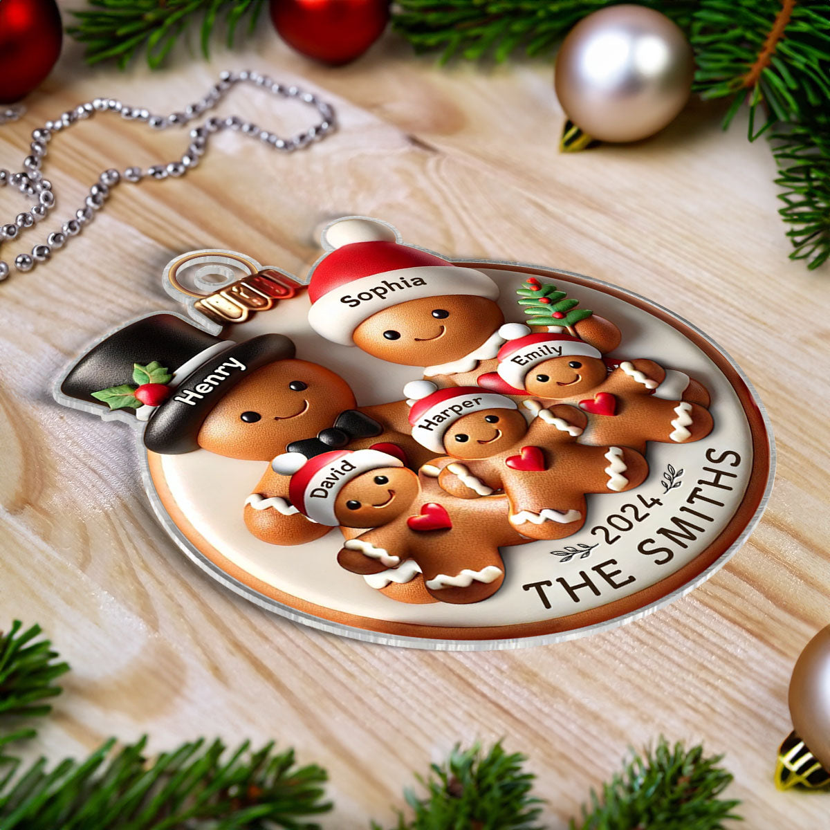 Gingerbread Family On Bread 3D Effect Merry Christmas Personalized Acrylic Ornament