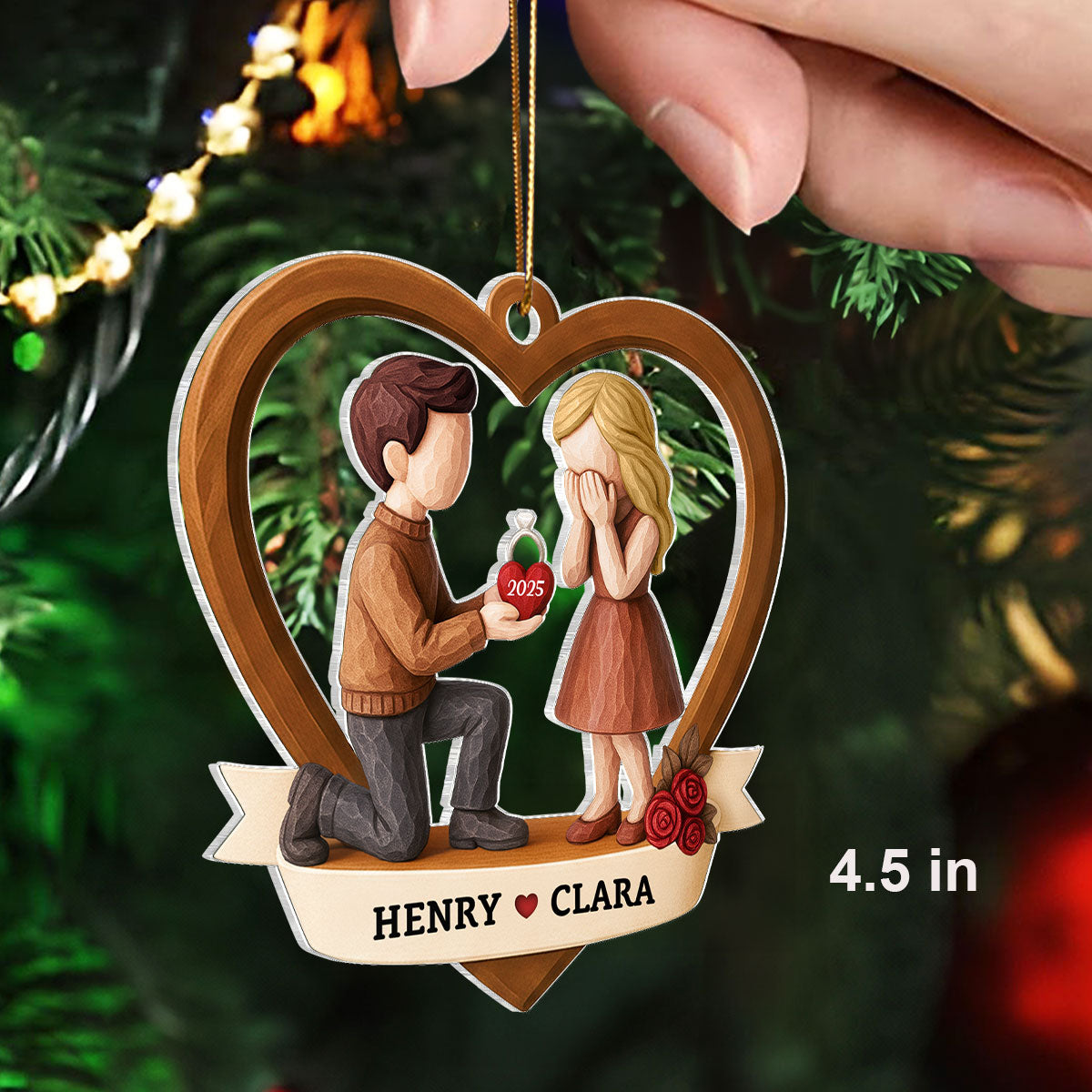 Couple Marriage Proposal 3D Wooden Effect - Personalized Acrylic Ornament - Newly Engaged Gift, "She Said Yes!" Christmas Ornament