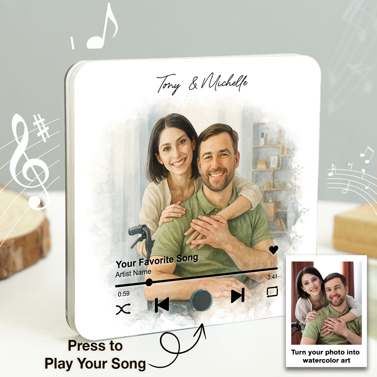 Custom Couple Watercolor Portrait from Photo Personalized Music Fridge Magnet, Gift for him, Gift for her