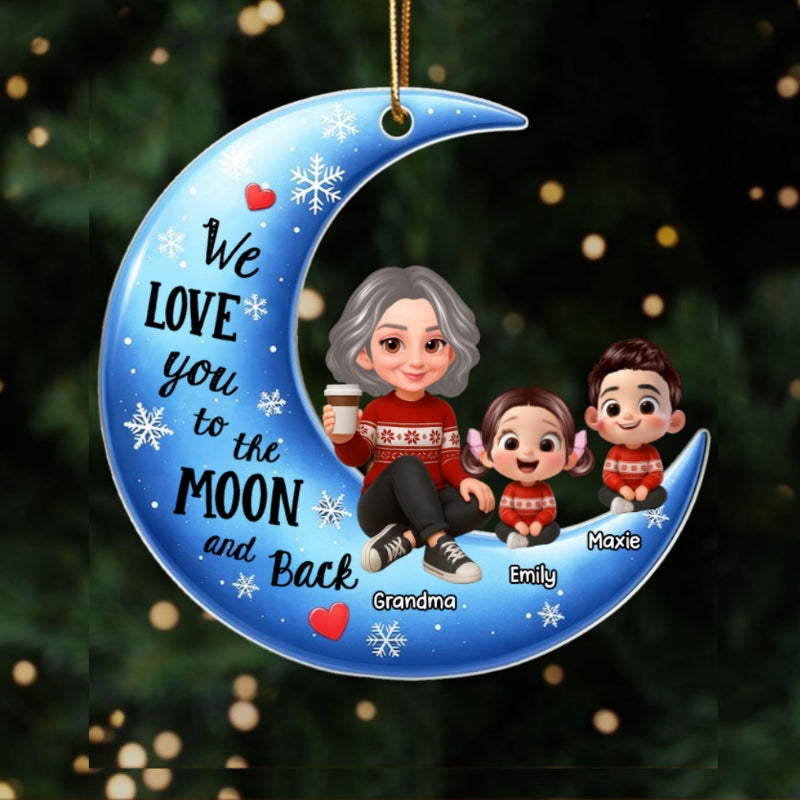 Cute Grandma Grandkids Sitting on Moon Personalized Acrylic Ornament, Christmas Gift for Grandma, Granddaughter, Grandson