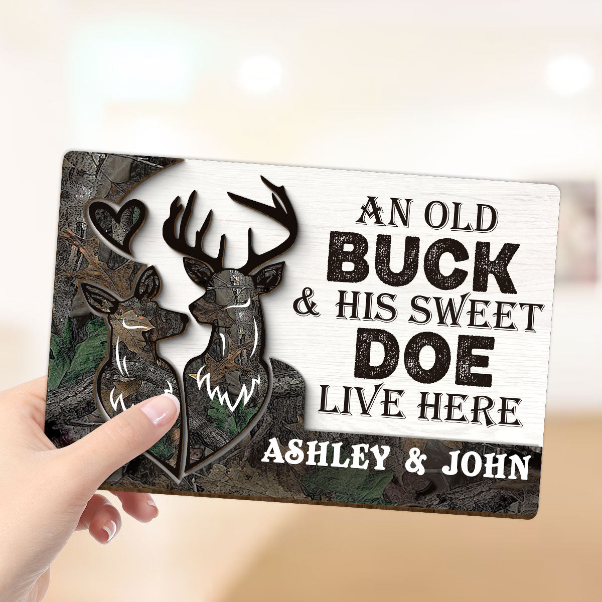 An Old Buck And His Sweet Doe Lives Here Personalized 2-Layer Wooden Plaque