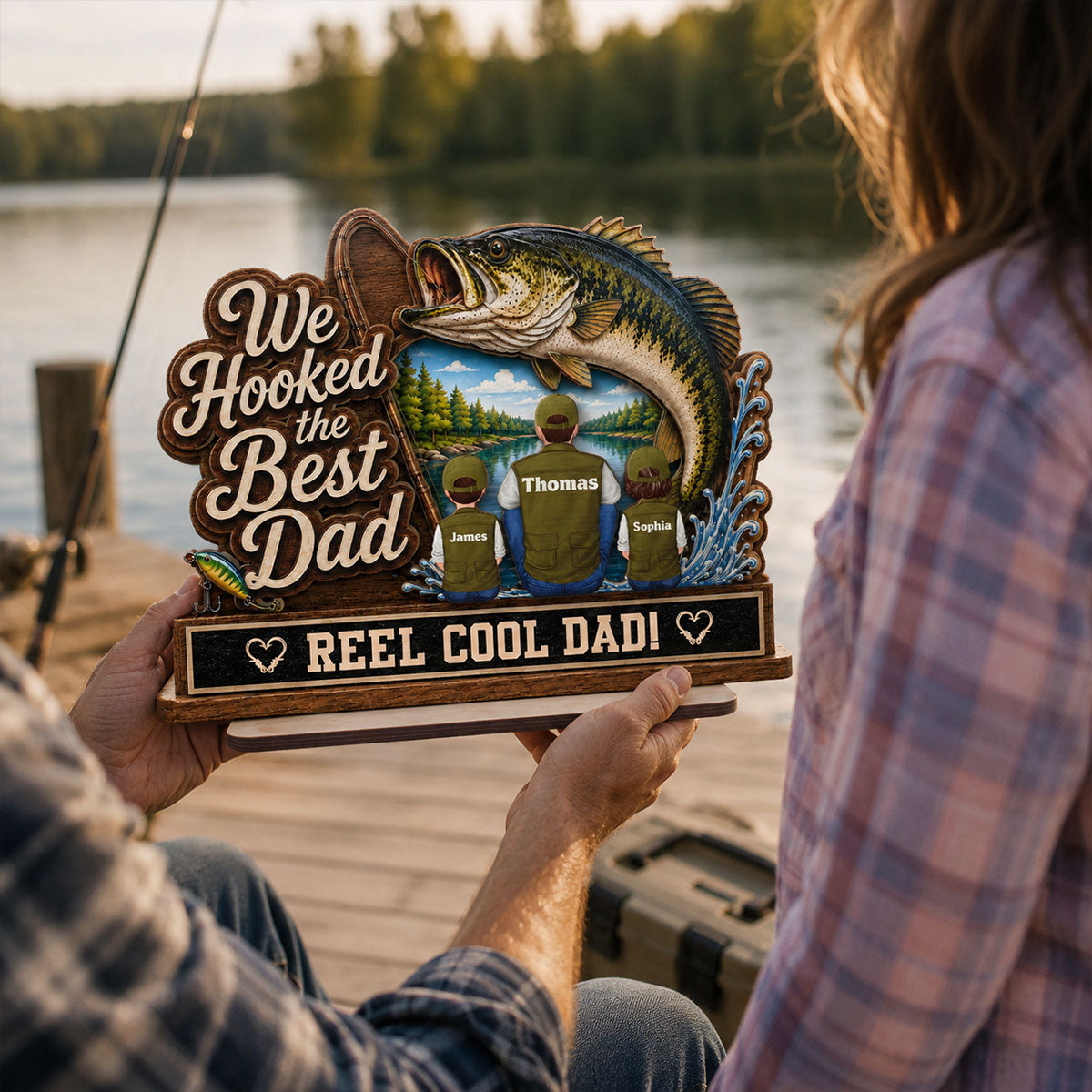 We Hooked The Best Dad Grandpa Back View 2D Flat - Personalized 2-Layered Wooden Plaque - Father's Day Gift For Fishing Lovers